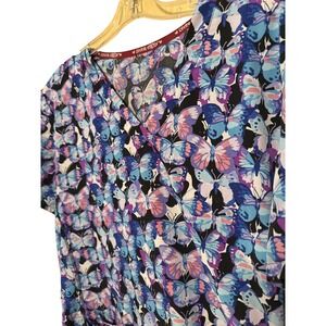 Divine Stretch Butterfly Print V-Neck Scrub Top Blue Purple Large UD-5287-B3